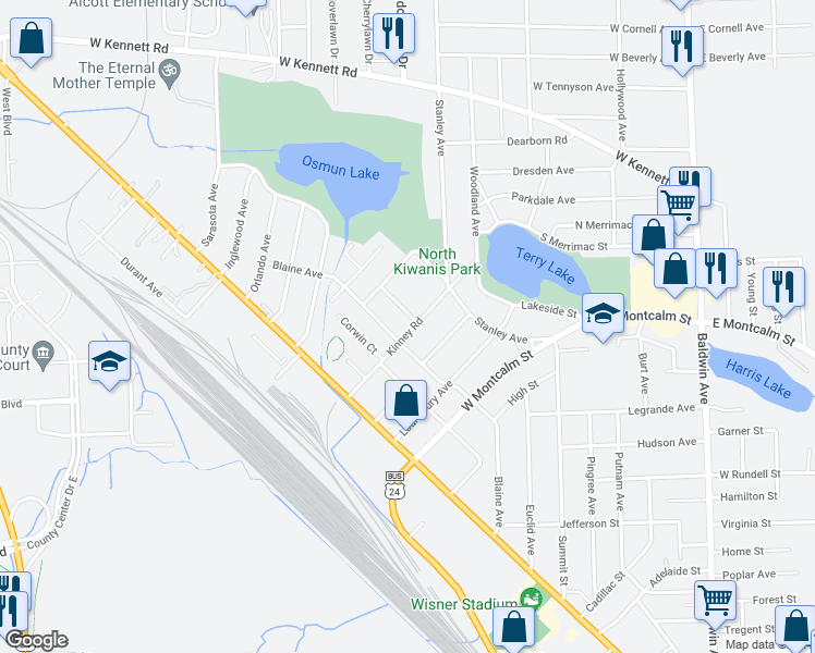 map of restaurants, bars, coffee shops, grocery stores, and more near 709 Kinney Road in Pontiac