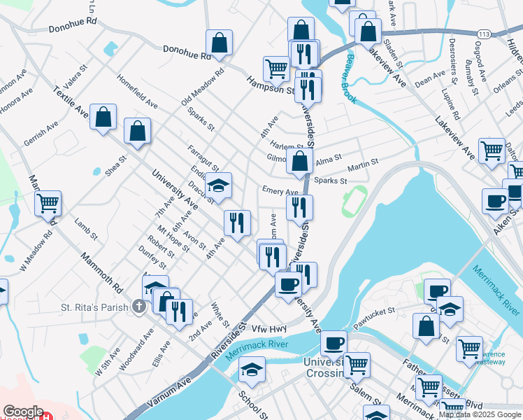 map of restaurants, bars, coffee shops, grocery stores, and more near 60 Bodwell Avenue in Lowell