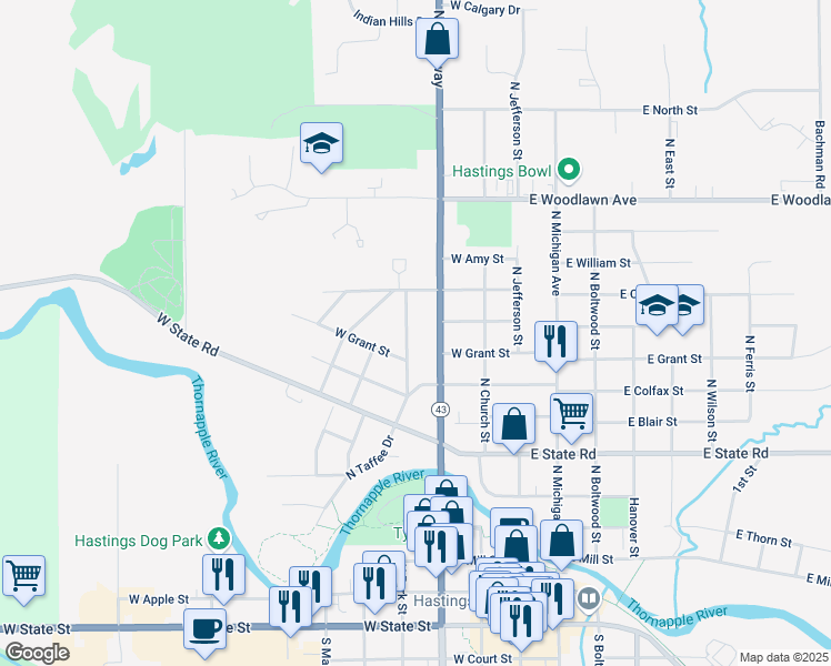 map of restaurants, bars, coffee shops, grocery stores, and more near 925 North Taffee Drive in Hastings