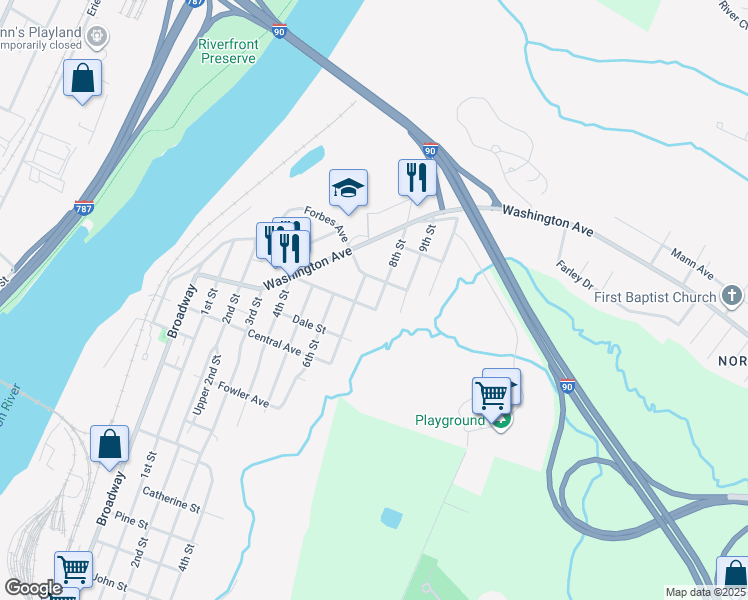map of restaurants, bars, coffee shops, grocery stores, and more near 1800 7th Street in Rensselaer