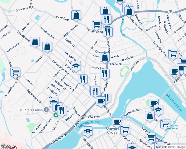 map of restaurants, bars, coffee shops, grocery stores, and more near 60 Bodwell Avenue in Lowell