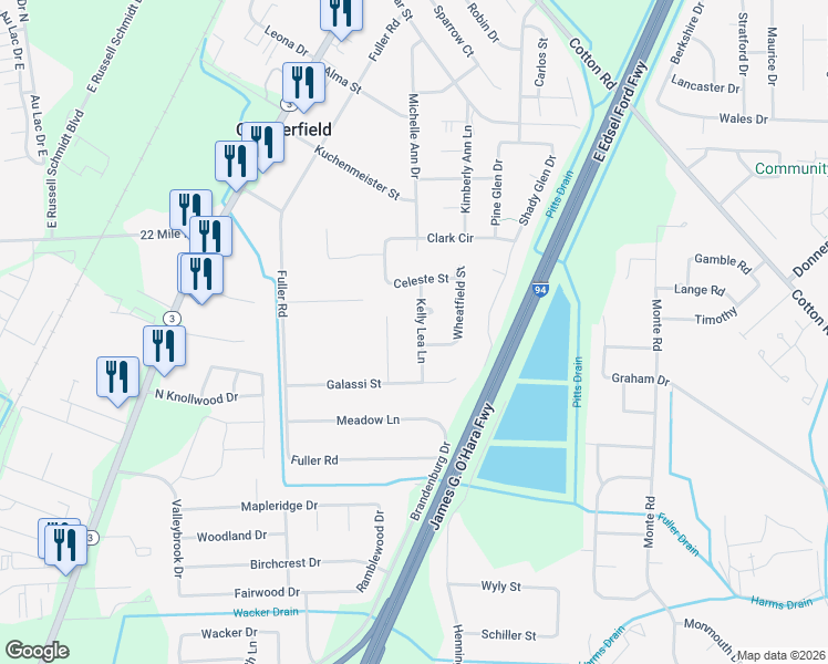 map of restaurants, bars, coffee shops, grocery stores, and more near 48569 Kelly Lea Lane in New Baltimore