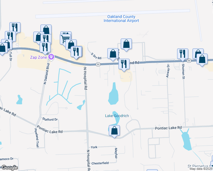 map of restaurants, bars, coffee shops, grocery stores, and more near 1303 Laurel Valley Drive in Waterford Township