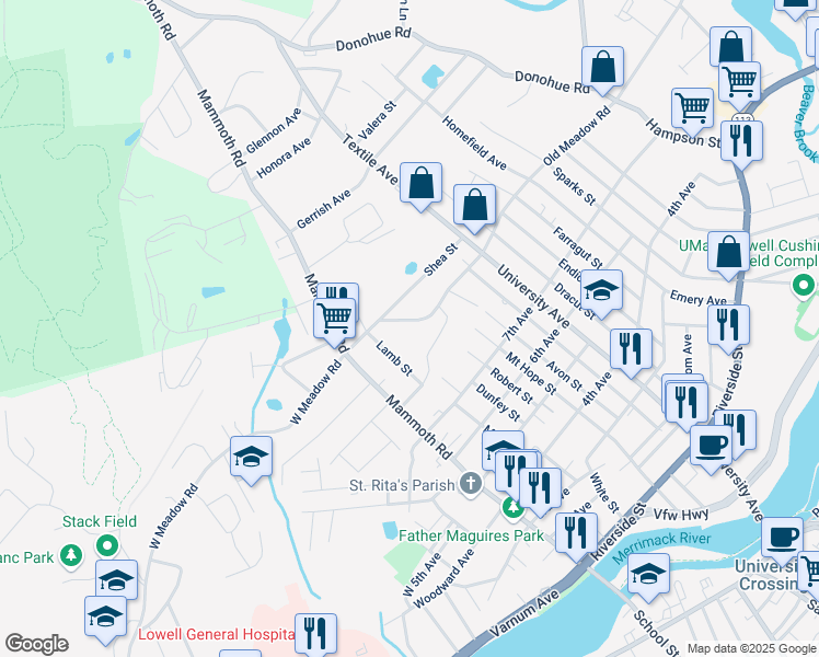 map of restaurants, bars, coffee shops, grocery stores, and more near 79 East Meadow Road in Lowell