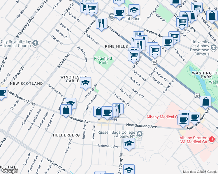 map of restaurants, bars, coffee shops, grocery stores, and more near 638 Mercer Street in Albany