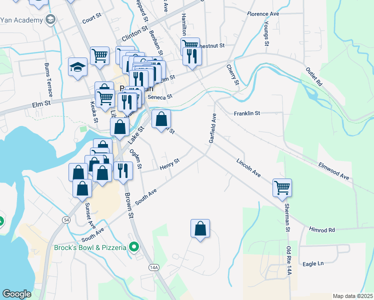 map of restaurants, bars, coffee shops, grocery stores, and more near 103 Henry Street in Penn Yan