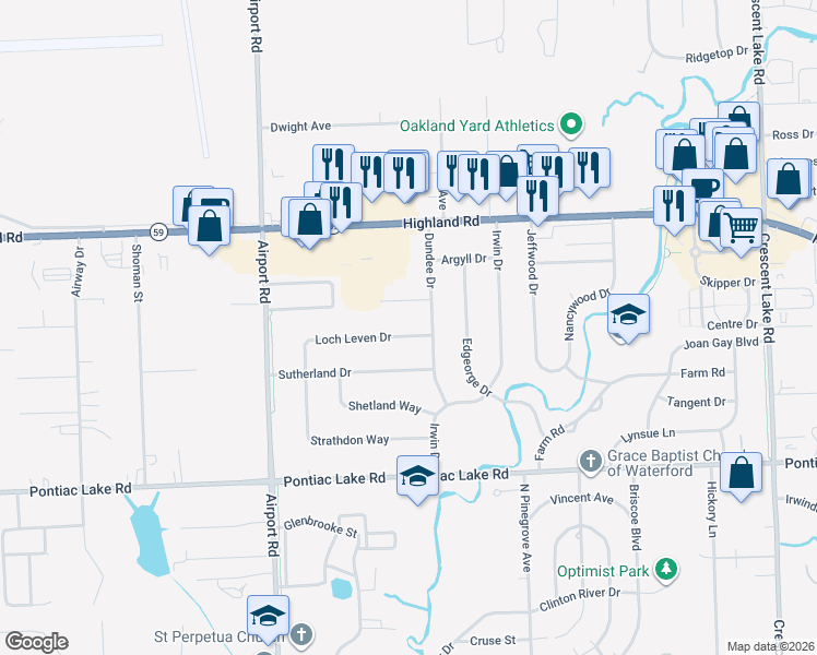 map of restaurants, bars, coffee shops, grocery stores, and more near 5738 Loch Leven Drive in Oakland County