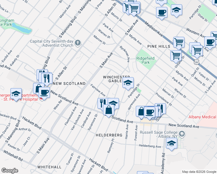 map of restaurants, bars, coffee shops, grocery stores, and more near 10 Barnet Street in Albany