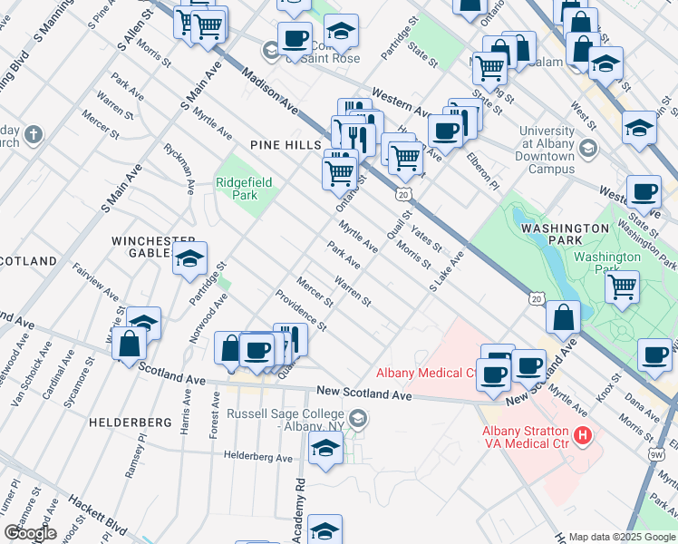 map of restaurants, bars, coffee shops, grocery stores, and more near 593 Warren St in Albany