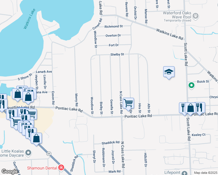 map of restaurants, bars, coffee shops, grocery stores, and more near 1207 Genella Street in Waterford Township