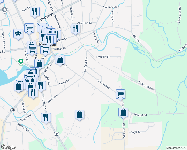 map of restaurants, bars, coffee shops, grocery stores, and more near 112 Lincoln Ave in Penn Yan