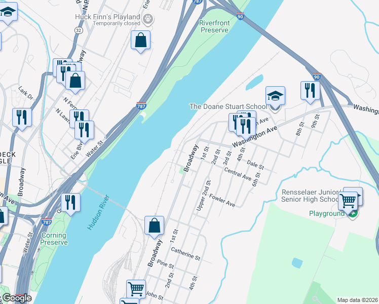 map of restaurants, bars, coffee shops, grocery stores, and more near 1604 Broadway in Rensselaer