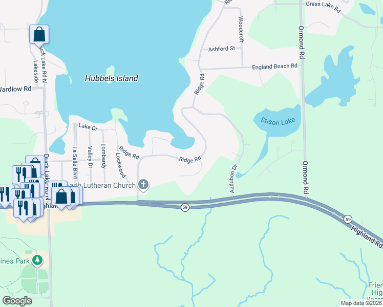 map of restaurants, bars, coffee shops, grocery stores, and more near 1745 Ridge Road in White Lake charter Township