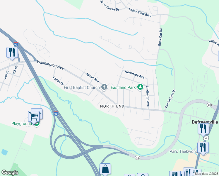 map of restaurants, bars, coffee shops, grocery stores, and more near 1103 Mann Ave in Rensselaer