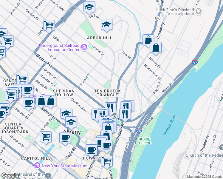 map of restaurants, bars, coffee shops, grocery stores, and more near 55 Ten Broeck Street in Albany