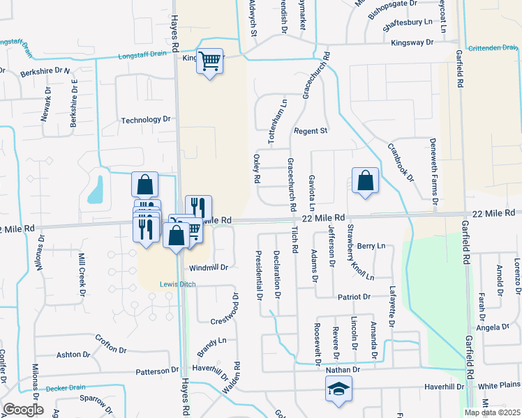 map of restaurants, bars, coffee shops, grocery stores, and more near 15588 Downing Street in Macomb