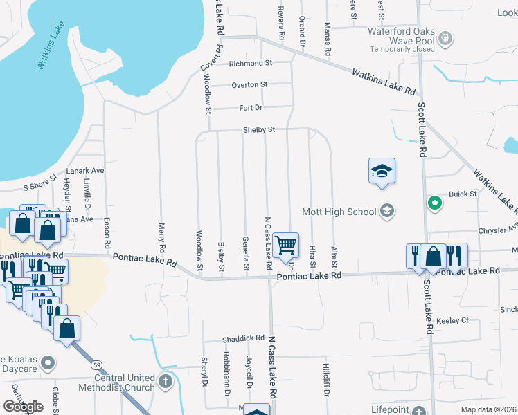 map of restaurants, bars, coffee shops, grocery stores, and more near 1213 North Cass Lake Road in Waterford Township