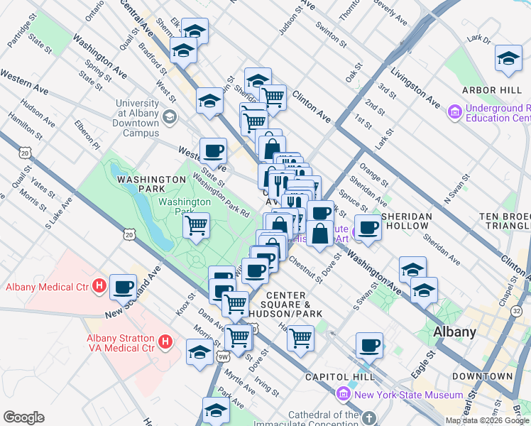 map of restaurants, bars, coffee shops, grocery stores, and more near 90 Spring Street in Albany