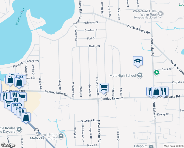 map of restaurants, bars, coffee shops, grocery stores, and more near 1207 Genella Street in Waterford Township