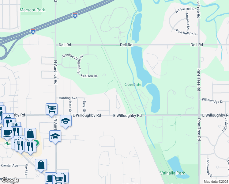 map of restaurants, bars, coffee shops, grocery stores, and more near 2584 Winterberry Street in Delhi charter Township