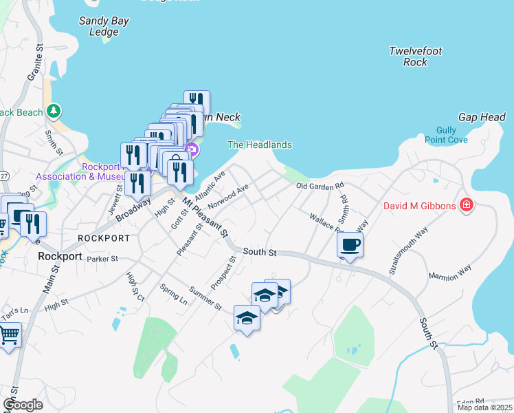 map of restaurants, bars, coffee shops, grocery stores, and more near 2 Burt Avenue in Rockport