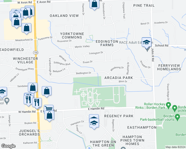 map of restaurants, bars, coffee shops, grocery stores, and more near 440 Bedlington Drive in Rochester Hills