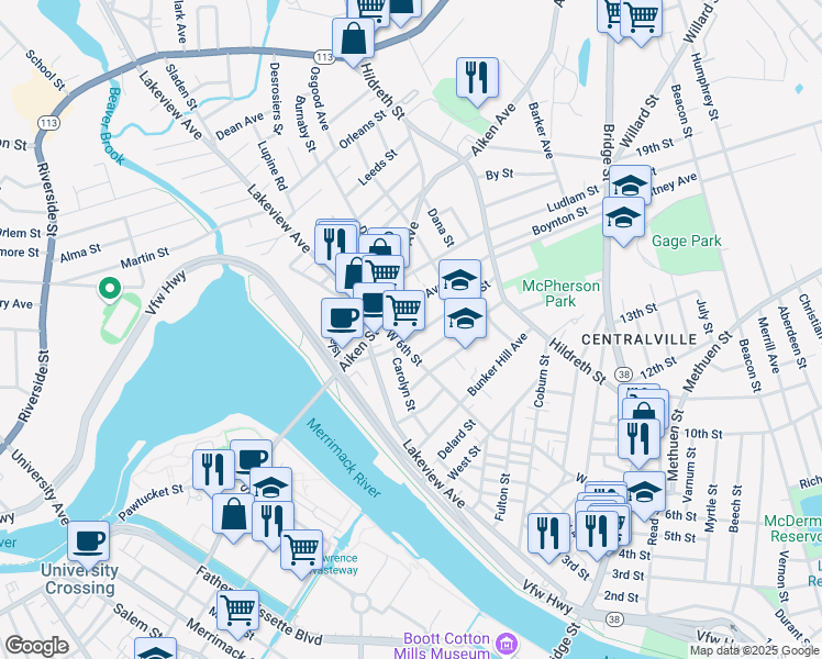 map of restaurants, bars, coffee shops, grocery stores, and more near 84 Ennell Street in Lowell