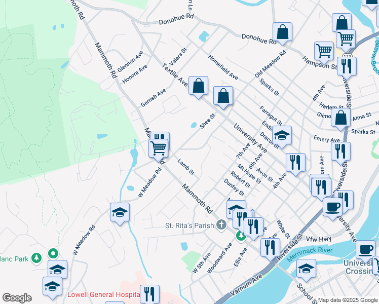 map of restaurants, bars, coffee shops, grocery stores, and more near 79 East Meadow Road in Lowell