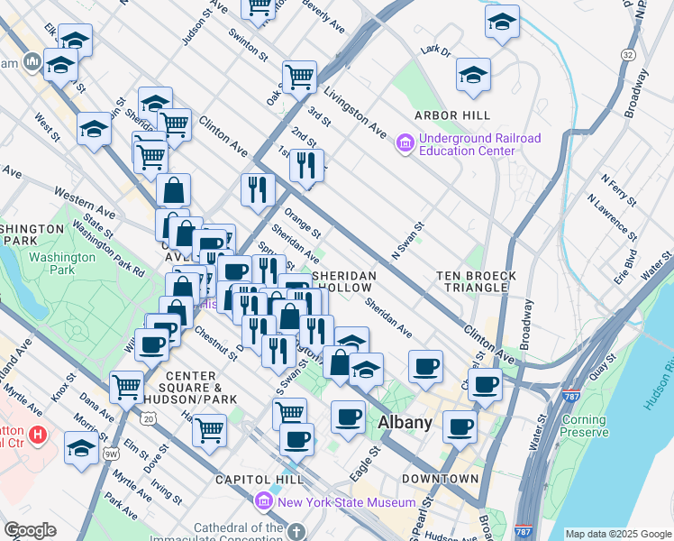 map of restaurants, bars, coffee shops, grocery stores, and more near in Albany