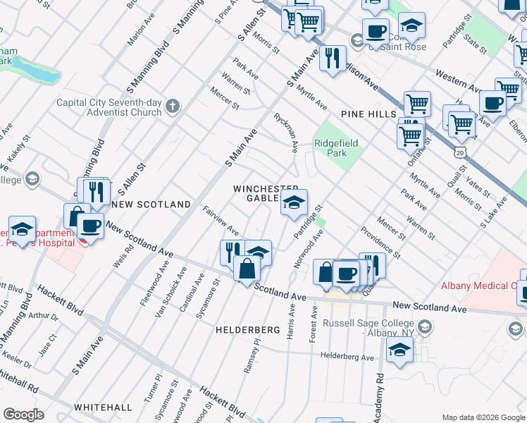 map of restaurants, bars, coffee shops, grocery stores, and more near 48 West Erie Street in Albany