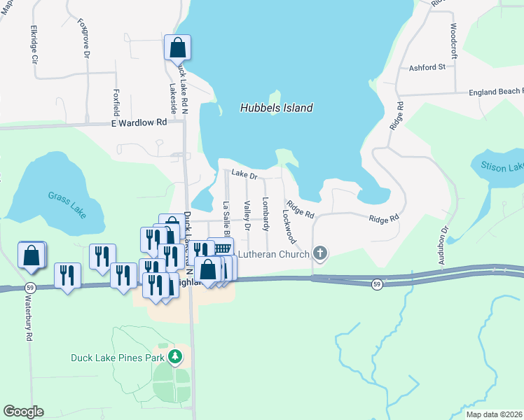 map of restaurants, bars, coffee shops, grocery stores, and more near 1727 Lombardy in Highland charter Township