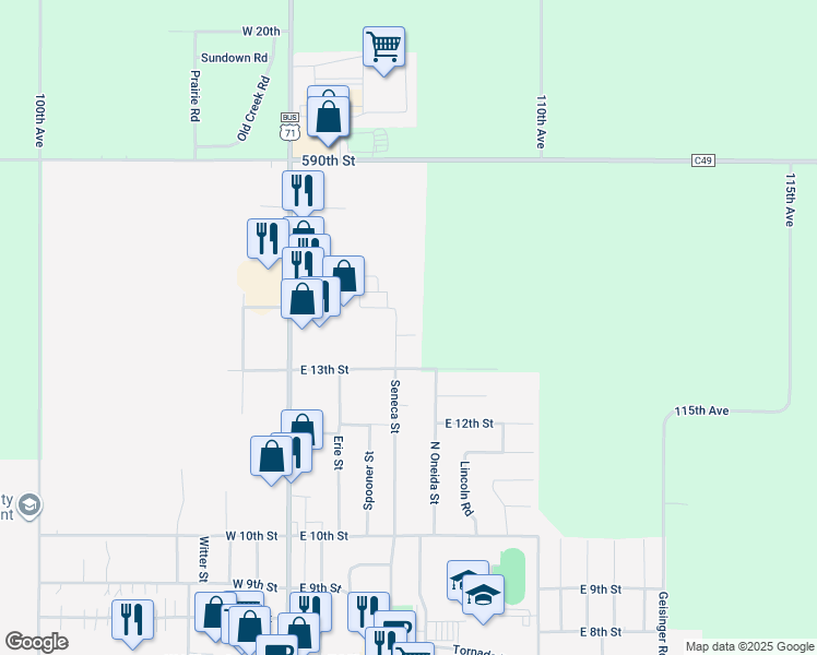 map of restaurants, bars, coffee shops, grocery stores, and more near 1405 Seneca Street in Storm Lake