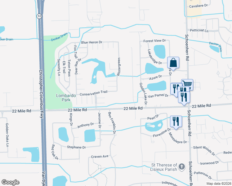 map of restaurants, bars, coffee shops, grocery stores, and more near 49440 Wintergreen in Macomb County