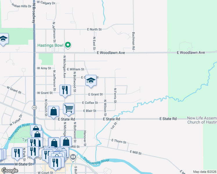 map of restaurants, bars, coffee shops, grocery stores, and more near 925 North Wilson Street in Hastings