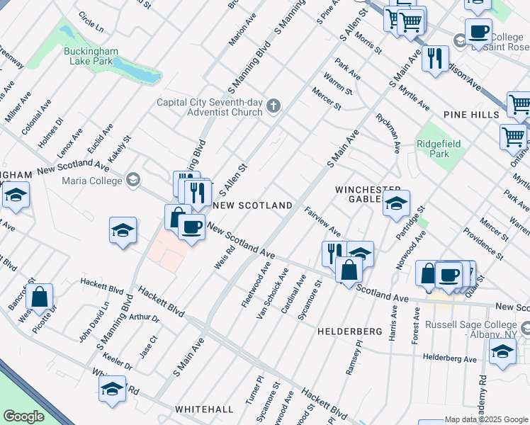map of restaurants, bars, coffee shops, grocery stores, and more near 10 Harvard Avenue in Albany