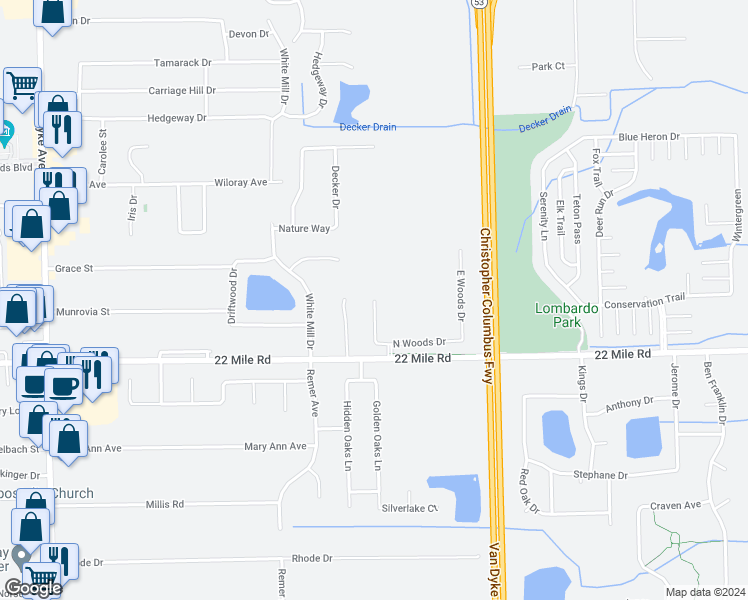 map of restaurants, bars, coffee shops, grocery stores, and more near 49142 West Woods Drive in Shelby Charter Township