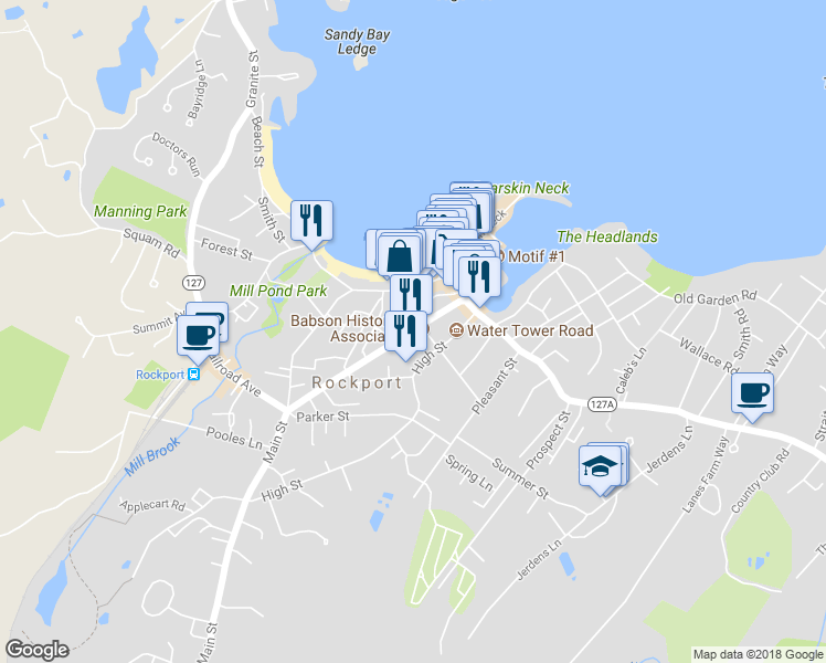 map of restaurants, bars, coffee shops, grocery stores, and more near 19 Broadway in Rockport