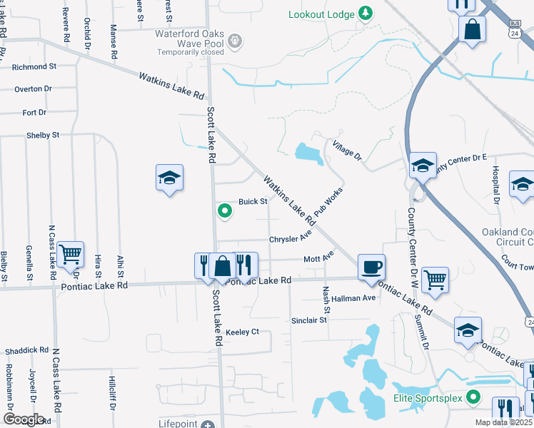 map of restaurants, bars, coffee shops, grocery stores, and more near 2780 Oldsmobile Avenue in Waterford Township