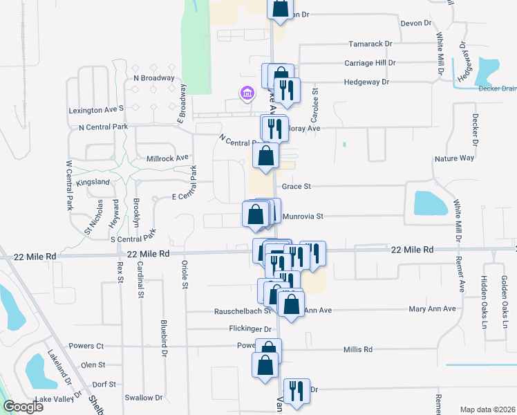 map of restaurants, bars, coffee shops, grocery stores, and more near 49221 Van Dyke Avenue in Shelby Charter Township