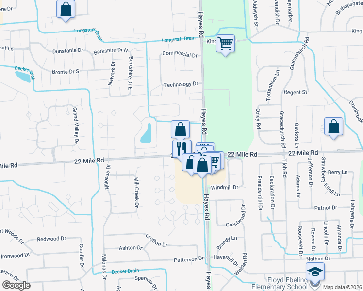 map of restaurants, bars, coffee shops, grocery stores, and more near 15055 22 Mile Road in Macomb County