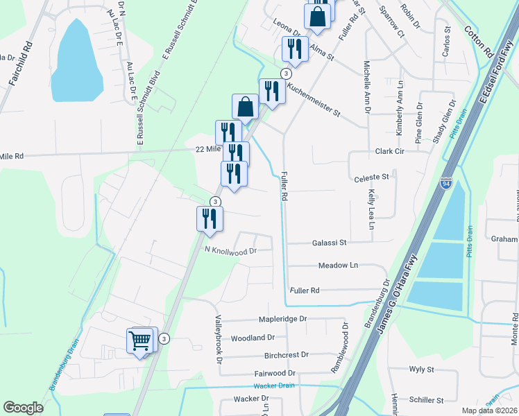 map of restaurants, bars, coffee shops, grocery stores, and more near 48585 Fuller Road in New Baltimore