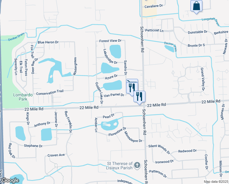 map of restaurants, bars, coffee shops, grocery stores, and more near 13171 Van Pamel Drive in Macomb County