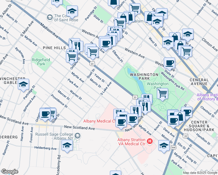 map of restaurants, bars, coffee shops, grocery stores, and more near 106 South Lake Avenue in Albany