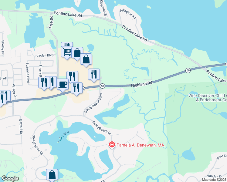 map of restaurants, bars, coffee shops, grocery stores, and more near 9069 Rhyan Road in White Lake charter Township