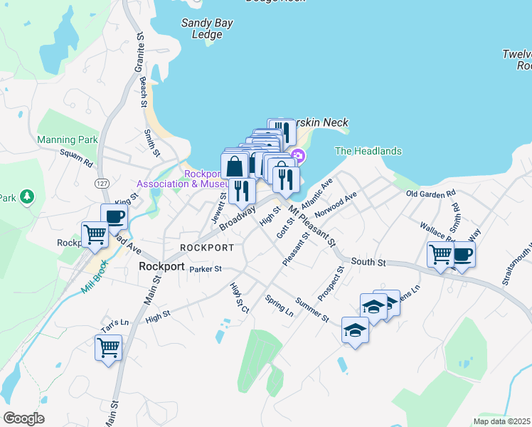 map of restaurants, bars, coffee shops, grocery stores, and more near 10 High Street in Rockport