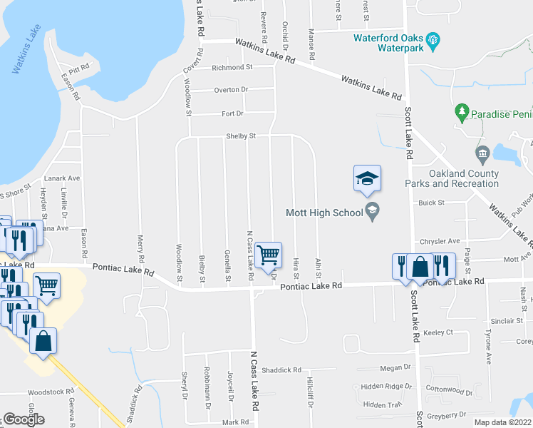 map of restaurants, bars, coffee shops, grocery stores, and more near 1211 Orchid Drive in Waterford Township