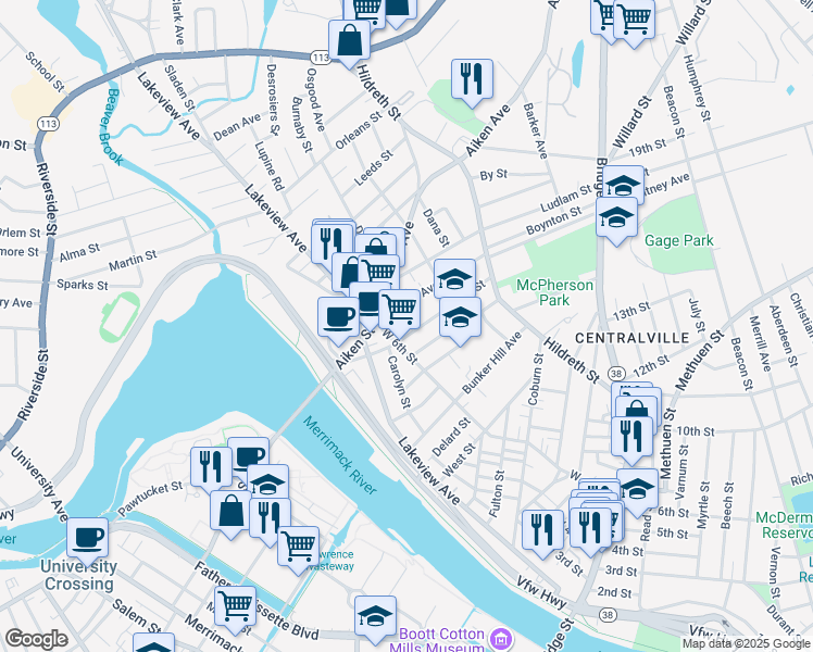 map of restaurants, bars, coffee shops, grocery stores, and more near 84 Ennell Street in Lowell