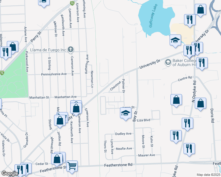 map of restaurants, bars, coffee shops, grocery stores, and more near 1143 Chestnut in Pontiac