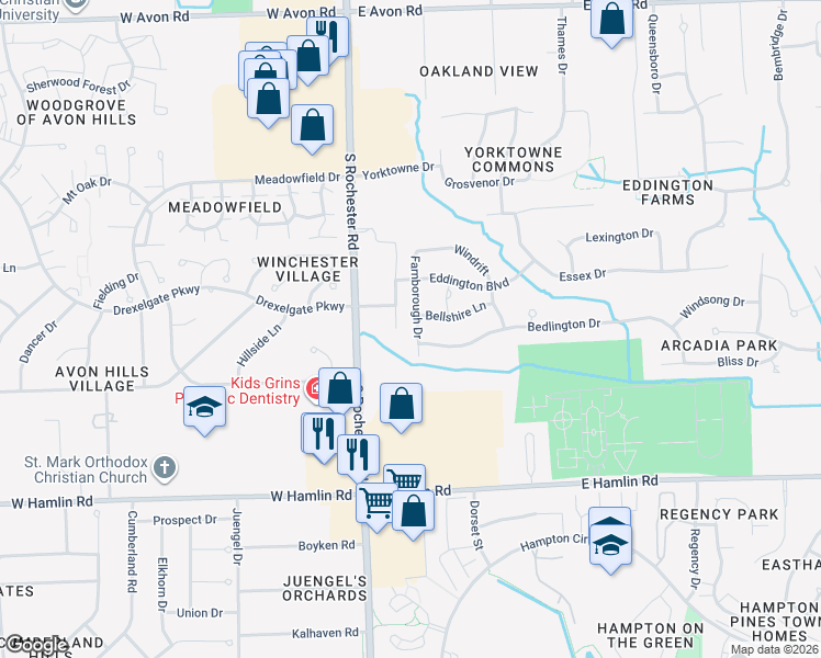 map of restaurants, bars, coffee shops, grocery stores, and more near 1674 Farnborough Drive in Rochester Hills