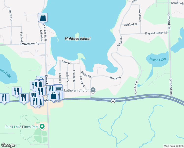 map of restaurants, bars, coffee shops, grocery stores, and more near 3146 East Highland Road in Oakland County